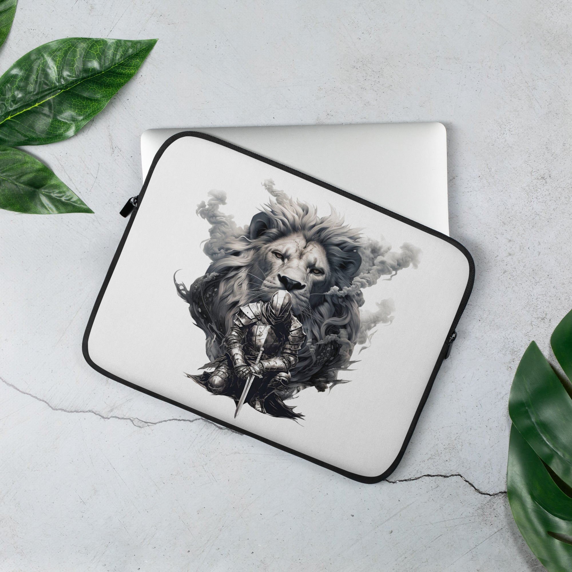 White laptop sleeve with armored knight and majestic lion illustration