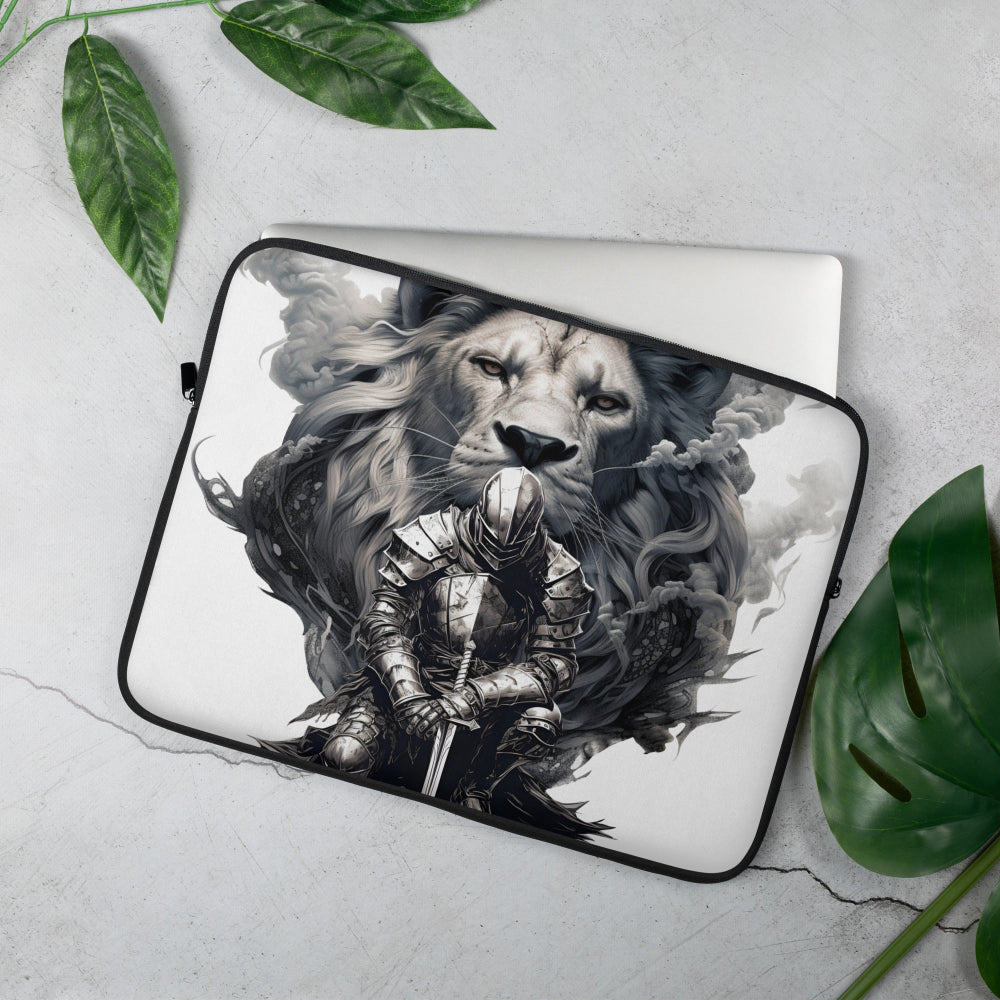 White laptop sleeve with armored knight and majestic lion illustration